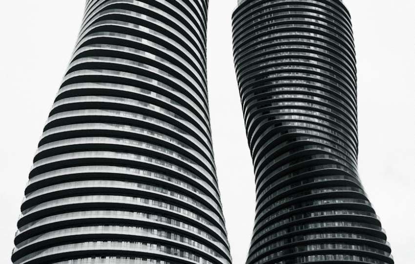 facade of absolute world residential twin towers in mississauga ontario canada