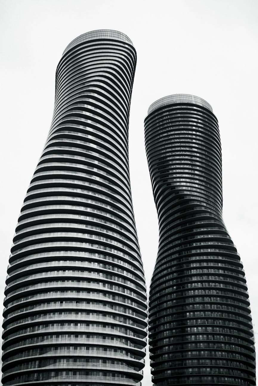 facade of absolute world residential twin towers in mississauga ontario canada